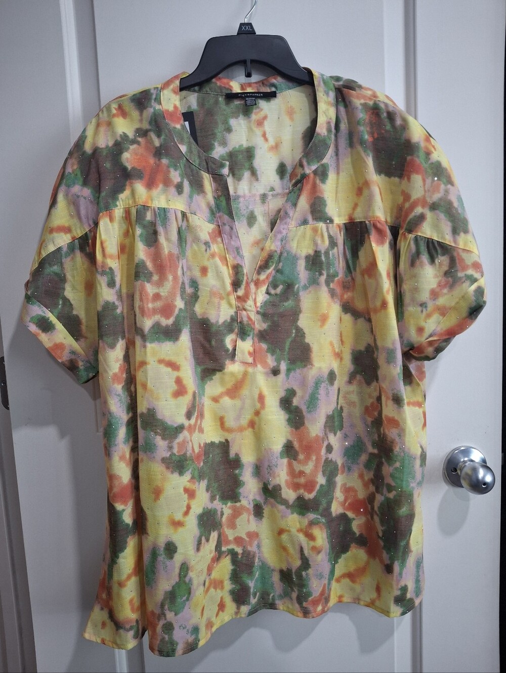 Alex & Parker Yellow Multi Floral Short Sleeve Blouse With Rhinestones Size 3XL